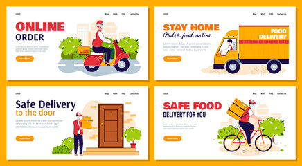 Safe food delivery website banner concept set with cartoon people