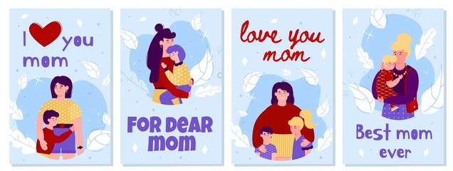 Mother day card set - cartoon posters with woman hugging children.