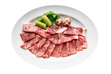 Isolated of Premium Rare Dry-Aged beef with high-marbled texture marinated with pepper and salt on white plate served for Yakiniku.