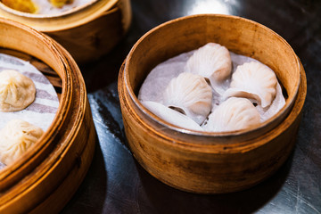 Chinese Shrimp Dumplings (Har Gow) in The Bamboo Basket. Served in Restaurant in Taipei, Taiwan.
