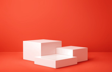 White boxes, product display stand on red background