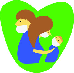 Family wearing a protective face mask, coronavirus covid-19 prevention. People on a background of green heart