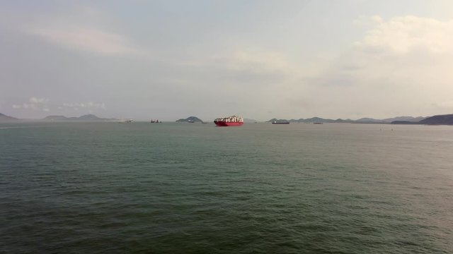 Aerial towards a Mega Container Ship, Hong Kong.