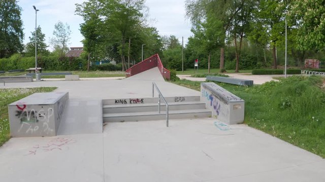 Wide parallax shot of a small obstacle in a skatepark in Erbach, Germany. Closed skatepark because of corona lockdown.