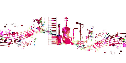 Obraz premium Colorful music promotional poster with music instruments and notes isolated vector illustration. Artistic abstract background for live concert events, music show and festival, party flyer design 