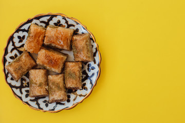 baklava with pistachio. turkish traditional delight. toning