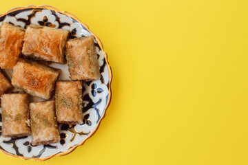 baklava with pistachio. turkish traditional delight. toning