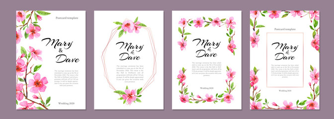 Set of wedding greeting cards, watercolor cherry blossom flowers. Sakura beautiful spring floral template poster, flyer design collection. Colorful illustration on white background