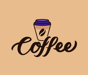 The logo coffee. Food logotype, badge, sticker, emblem on beige background. Vector illustration, flat, line art style, creative design