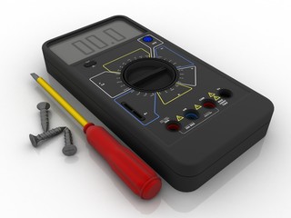 3d illustration Digital electronics multi meter with screwdriver and screw