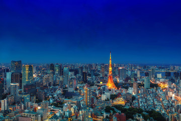 Obraz premium Tokio w nocy widok na wieżę Tokyo, panoramę miasta Tokio, Tokio w Japonii - obraz