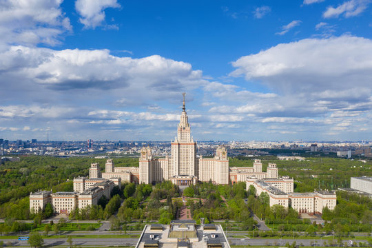 Symbol of higher education in the country. Panoramic aerial view of Moscow State University. Moscow, Russia.