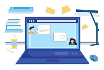 Concept social networking, web, online meetings. Home workplace flat vector design. Workspace for freelancer and home work. Coronavirus, quarantine isolation. Vector flat illustration