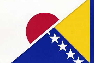 Japan vs Bosnia and Herzegovina, symbol of two national flags. Relationship between Asian and European countries.