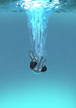 Fototapeta Alnoe falling man in the blue sea