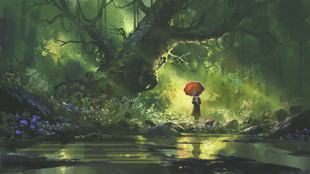 mysterious woman with umbrella standing in forest, digital art style, illustration painting