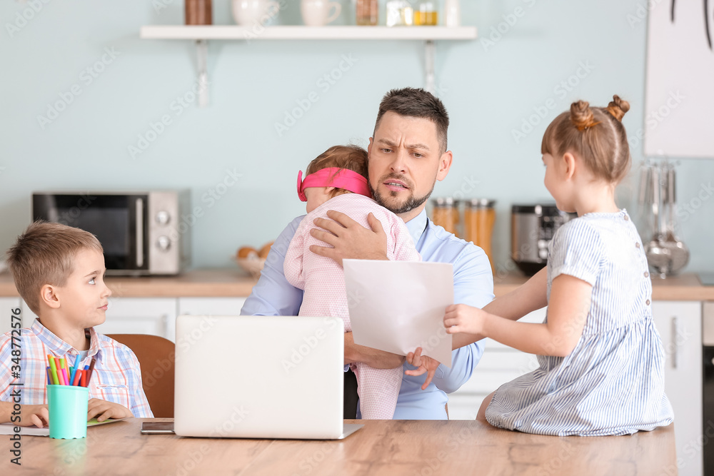 Sticker Little children keeping father from his work at home