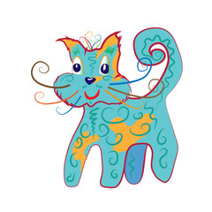 Designer abstract cat isolated on a white background. Illustration of a funny cartoon cat made in color.