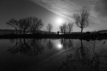 Moon and trees reflecting on the Trasimeno lake surface at night
