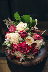 Beautiful wedding bouquet. Delicate rose petals. The morning of the bride.