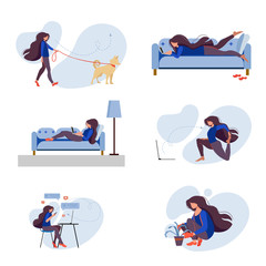 Home Activities Illustration Set. The girl takes care of indoor plants, reads books, does yoga online, walks with the dog, works from the laptop.
