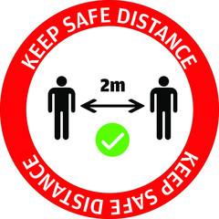 Warning sign sticker reminding the importance of maintaining safe distance of 2m between people to protect from Coronavirus or Covid-19, Vector illustration of people standing at 2m keep apart.