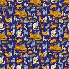 Feline Seamless Patern. Decorative cats on a dark background. Cartoon style. Stock illustration. Design for wallpaper, fabric, textile, packaging.