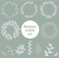 Set of vector hand drawn wreaths. Leaves and flowers of a garland. Romantic floral design elements.