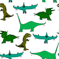 Vector Seamless pattern with pterodactyl, tyrannosaurus, triceratops, diplodocus. Illustration with dinosaurs on a white background for textiles, wallpapers, banners, posters, design for children