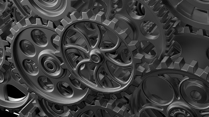 Fototapeta premium Mechanism silver gears and cogs at work on black-white background. Industrial machinery. 3D illustration. 3D high quality rendering.