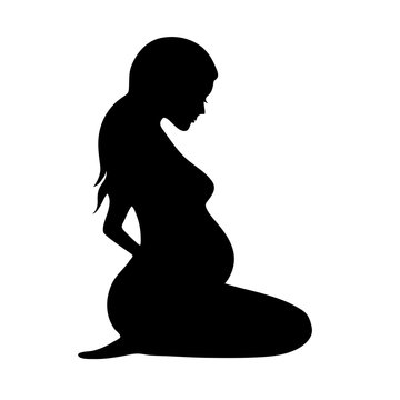 Vector silhouette of a pregnant woman. Beautiful slender girl expecting a baby. Black figure of a seated pregnant woman Isolated on a white background. Happy Character with long hair and eyelashes