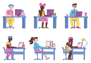Children studying sitting at desks, cartoon vector illustrations set isolated.