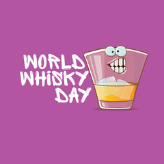 World Whisky Day banner with vector funny cartoon smiling whiskey glass character isolated on violet backgound. whiskey day vector concept illustration. funky hipster alcohol character label