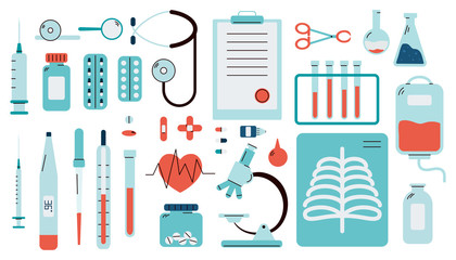 Set of medical tools and instrument icons, flat vector illustration isolated.