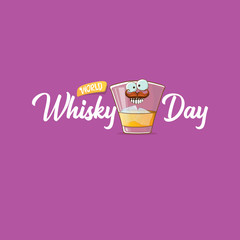 World Whisky Day banner with vector funny cartoon smiling whiskey glass character isolated on violet backgound. whiskey day vector concept illustration. funky hipster alcohol character label