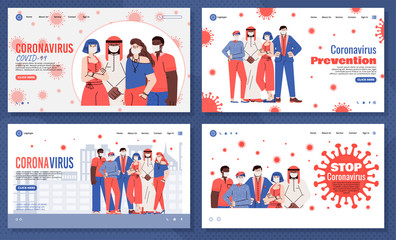 Virus protection and stop epidemic banners set cartoon vector illustration.