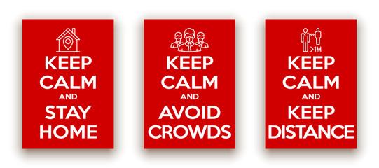 keep calm and stay at home and avoid crowds and keep your distance illustration set banner. red classic poster coronavirus covid 19 with icon stay at home. motivational poster set design for print.