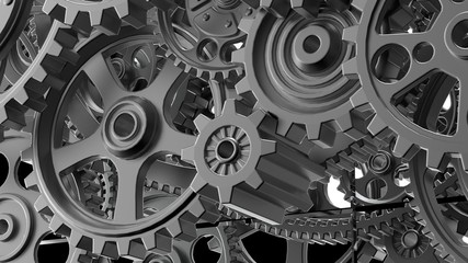 Naklejka premium Mechanism silver gears and cogs at work on black-white background. Industrial machinery. 3D illustration. 3D high quality rendering.