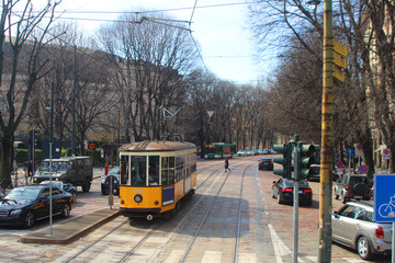 Vintage tram in the suburb Lambrate in Milan (Italy)