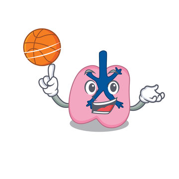 Sporty cartoon mascot design of lung with basketball
