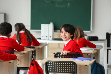 Cute little pupils during lesson at school