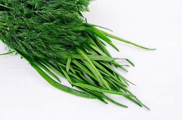 A bunch of fresh chives and dill. Healthy vegetarian food. Close-up. Top View