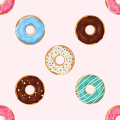 Donuts seamless pattern. Cute sweet food baby background. Colorful design for textile, wallpaper, fabric, decor. Template for design. Vector illustration in flat style