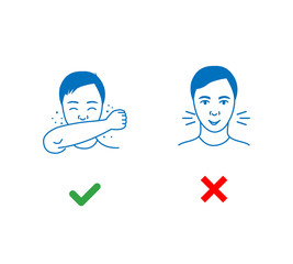 Sneeze icon.sneeze into elbow icon how to cough and sneeze and not spreading virus. Man for wrong cough in hand and the correct method in napkin and elbow fold. Preventive measures against coronavirus