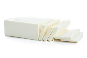 Tasty feta cheese on white background