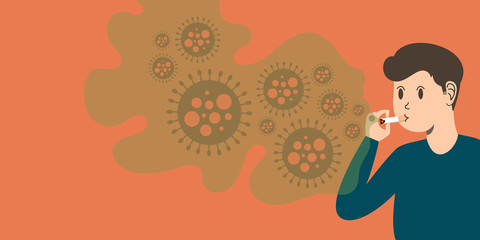 Smoking causes the spread of the covid 19 virus on orange banner background	
