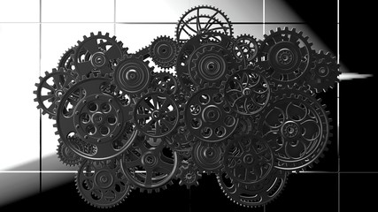Fototapeta premium Mechanism silver gears and cogs at work on black-white background. Industrial machinery. 3D illustration. 3D high quality rendering.