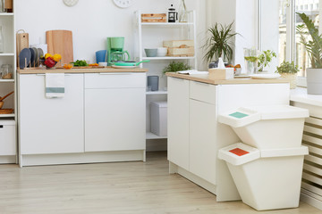 Fototapeta na wymiar Image of white kitchen furniture in domestic room