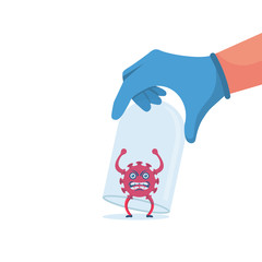 Doctor research coronavirus. A scientist examines a sample of the virus covid-19. Catch coronavirus. Vector illustration flat design. Bacteria in a glass tube. Laboratory diagnostics comic style.