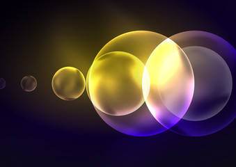 Glowing neon shiny transparent bubbles, glass circles or bio cell concept. Techno futuristic vector abstract background For Wallpaper, Banner, Background, Card, Book Illustration, landing page